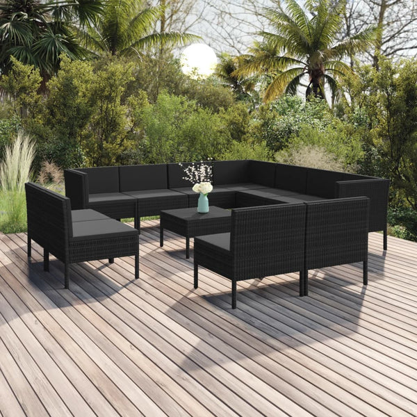 12-tlg. Garten-Lounge-Set mit Auflagen Poly Rattan Schwarz