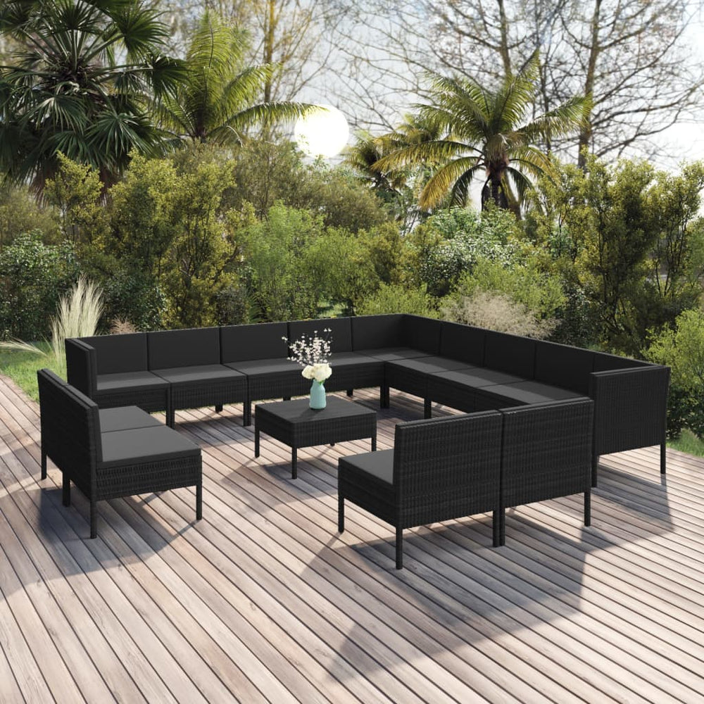 vidaXL Salon de jardin 14 pcs avec coussins résine tressée noir