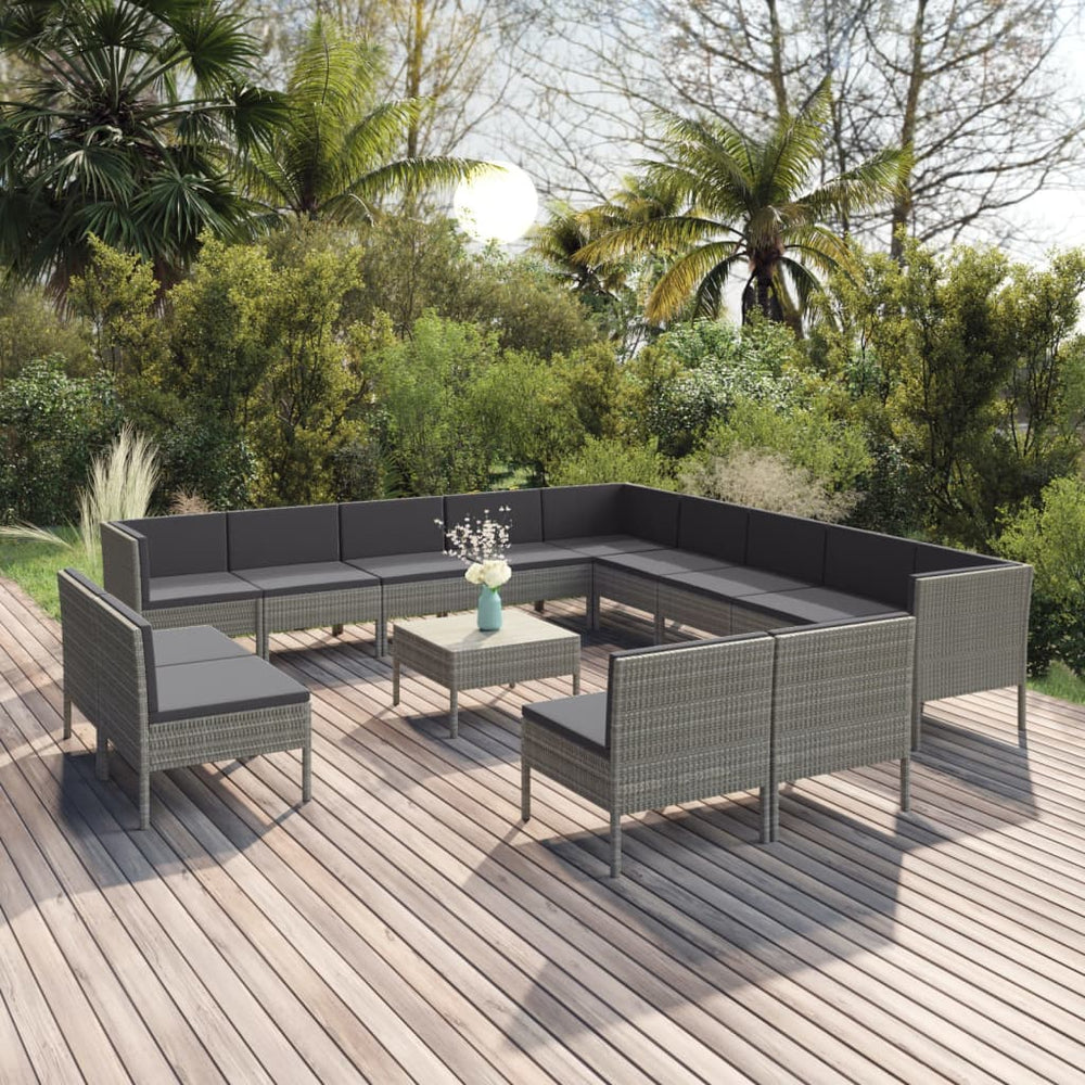 vidaXL Salon de jardin 14 pièces en résine tressée avec coussins gris