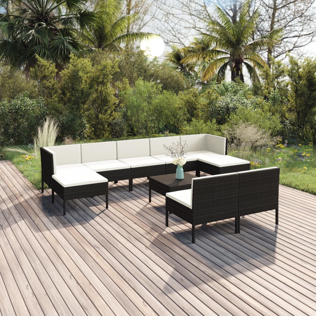 10-tlg. Garten-Lounge-Set mit Auflagen Poly Rattan Schwarz