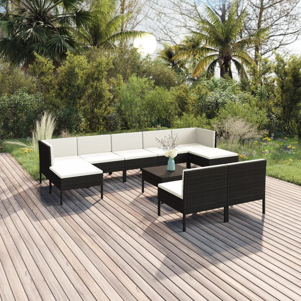 10-tlg. Garten-Lounge-Set mit Auflagen Poly Rattan Schwarz
