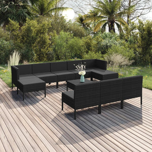 11-tlg. Garten-Lounge-Set mit Auflagen Poly Rattan Schwarz