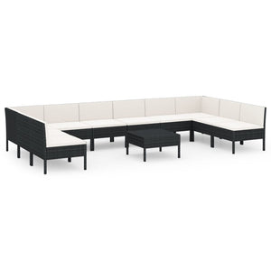 11-tlg. Garten-Lounge-Set mit Auflagen Poly Rattan Schwarz