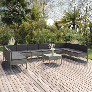 11-tlg. Garten-Lounge-Set mit Auflagen Poly Rattan Grau