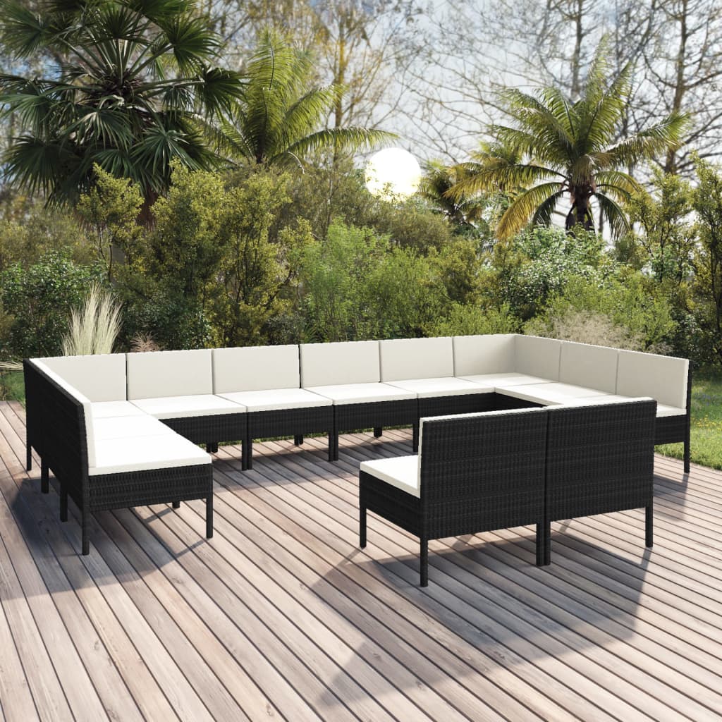 12-tlg. Garten-Lounge-Set mit Auflagen Poly Rattan Schwarz