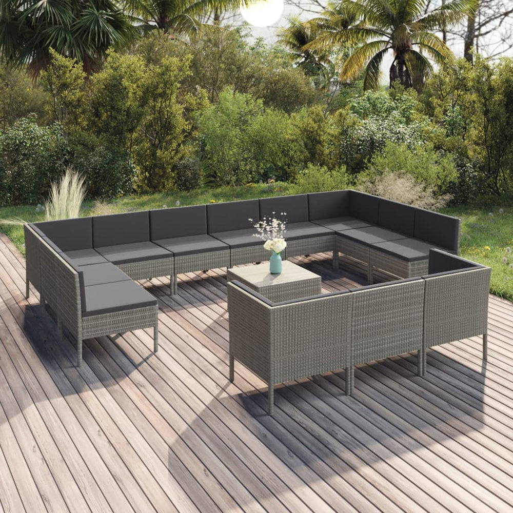 vidaXL Salon de jardin 14 pièces en résine tressée avec coussins gris