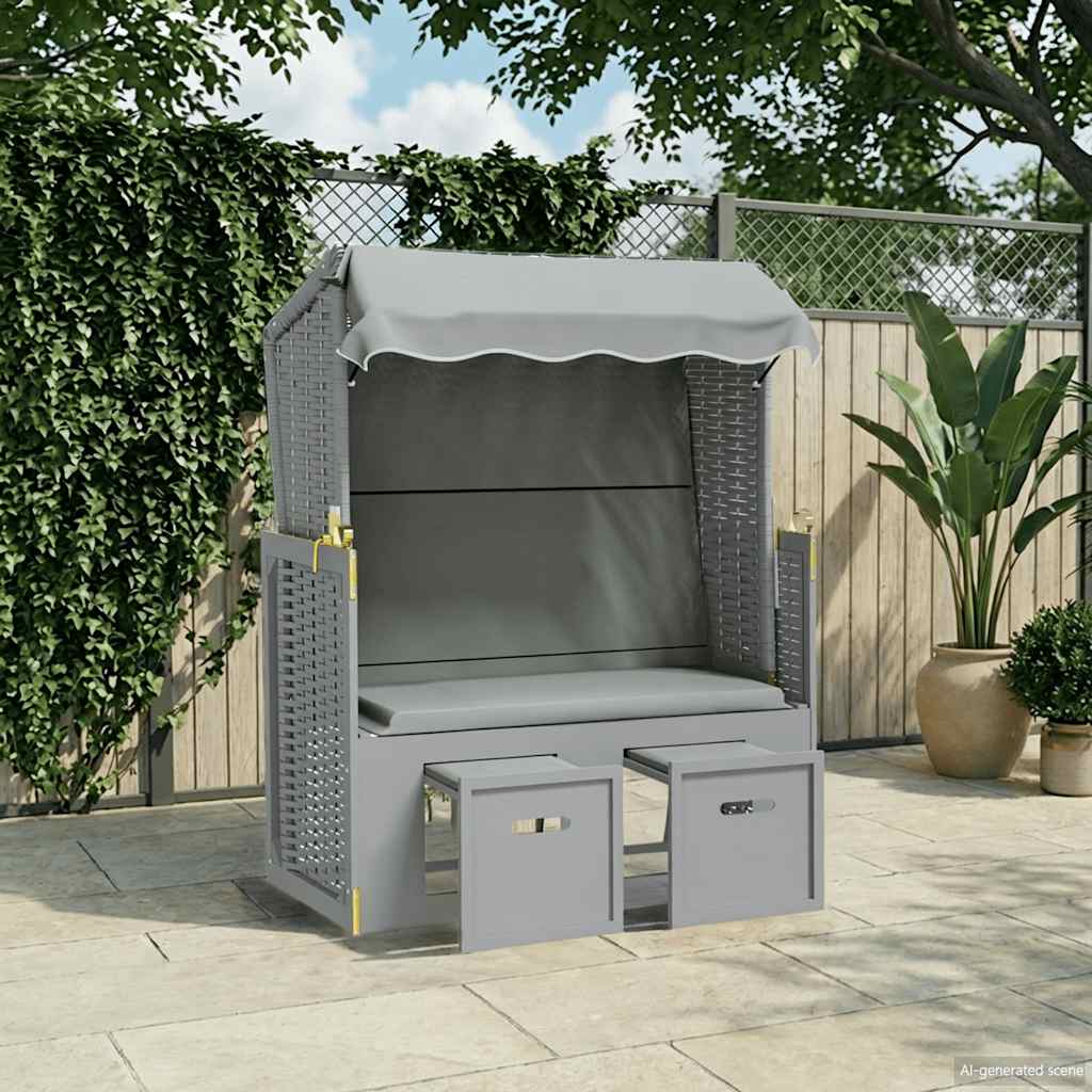 Strandkorb mit Dach Poly Rattan und Massivholz Grau