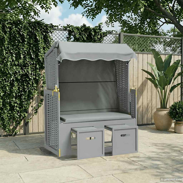 Strandkorb mit Dach Poly Rattan und Massivholz Grau