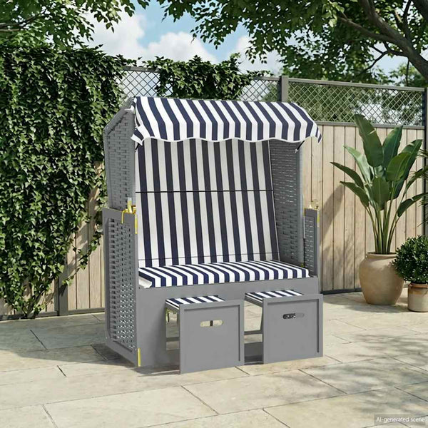 Strandkorb mit Dach Poly Rattan und Massivholz Blau & Weiß