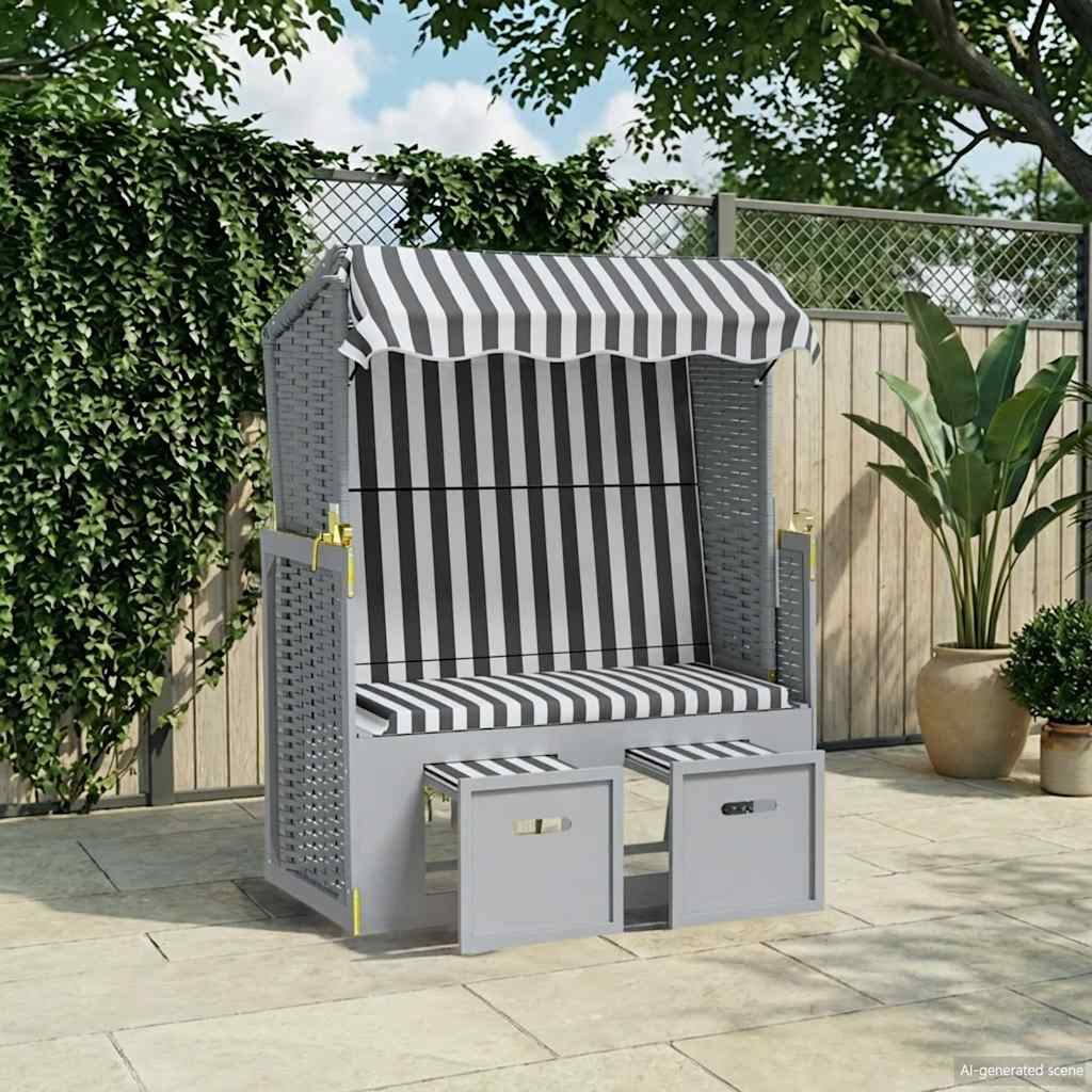 Strandkorb mit Dach Poly Rattan und Massivholz Grau & Weiß