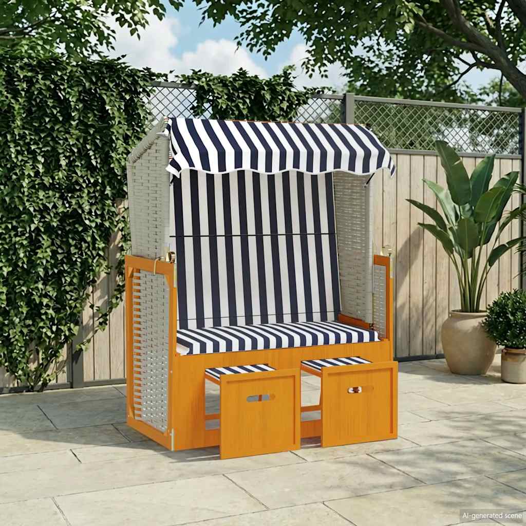 Strandkorb mit Dach Poly Rattan & Massivholz Weiß & Blau
