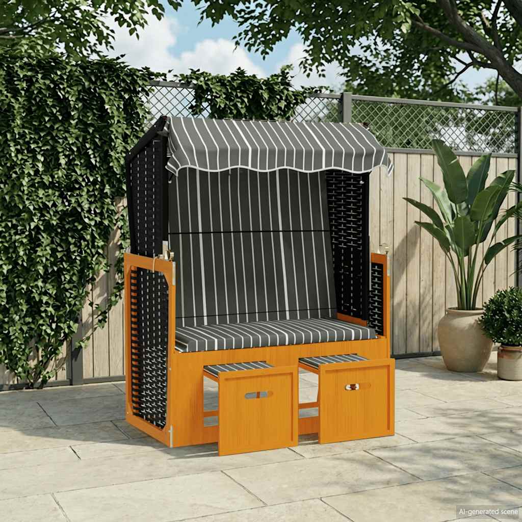 Strandkorb mit Dach Poly Rattan und Massivholz Schwarz & Grau