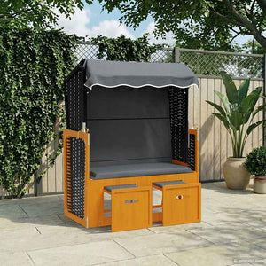 Strandkorb mit Dach Poly Rattan & Massivholz Schwarz Anthrazit
