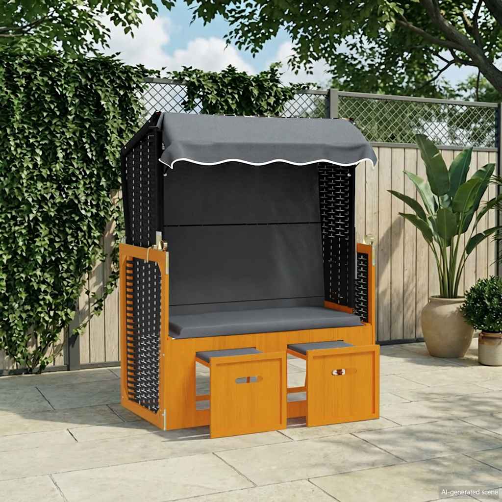 Strandkorb mit Dach Poly Rattan & Massivholz Schwarz Anthrazit