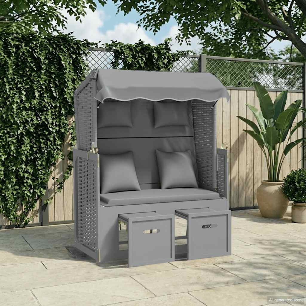 Strandkorb mit Kissen Poly Rattan und Massivholz Grau