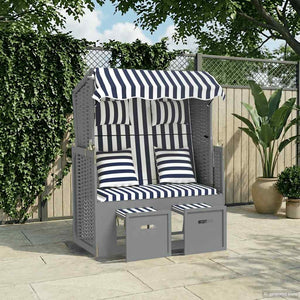 Strandkorb mit Kissen Poly Rattan und Massivholz Blau & Weiß