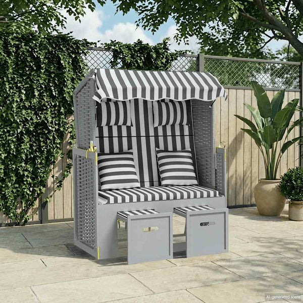 Strandkorb mit Kissen Poly Rattan und Massivholz Grau & Weiß