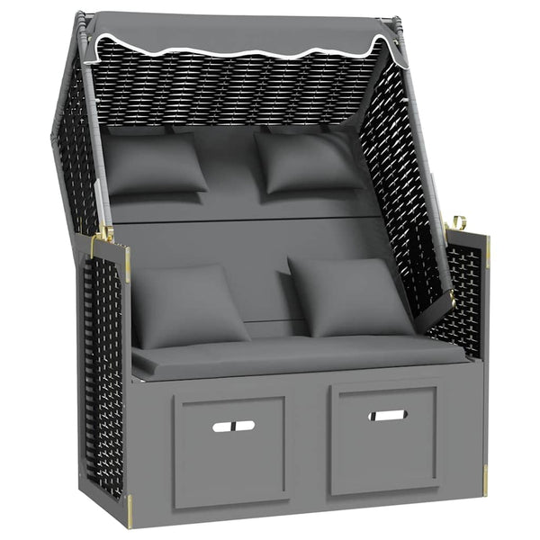 Strandkorb mit Kissen Poly Rattan Massivholz Anthrazit Schwarz