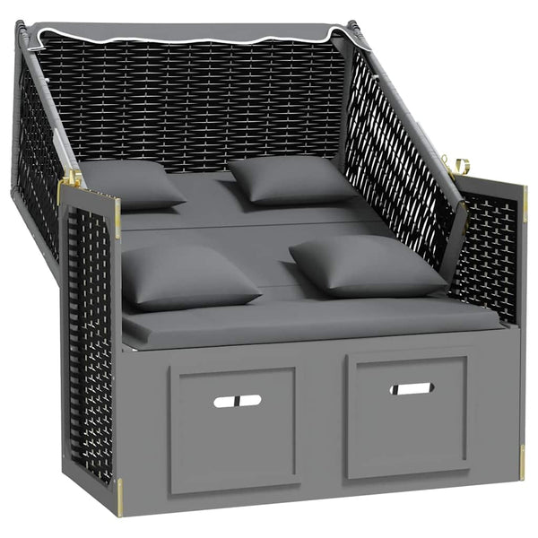 Strandkorb mit Kissen Poly Rattan Massivholz Anthrazit Schwarz