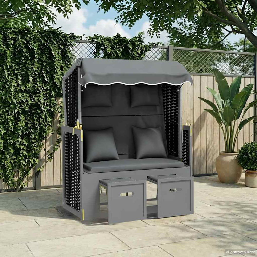 Strandkorb mit Kissen Poly Rattan Massivholz Anthrazit Schwarz