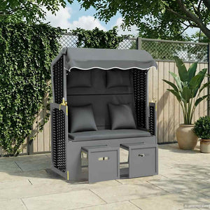 Strandkorb mit Kissen Poly Rattan Massivholz Anthrazit Schwarz