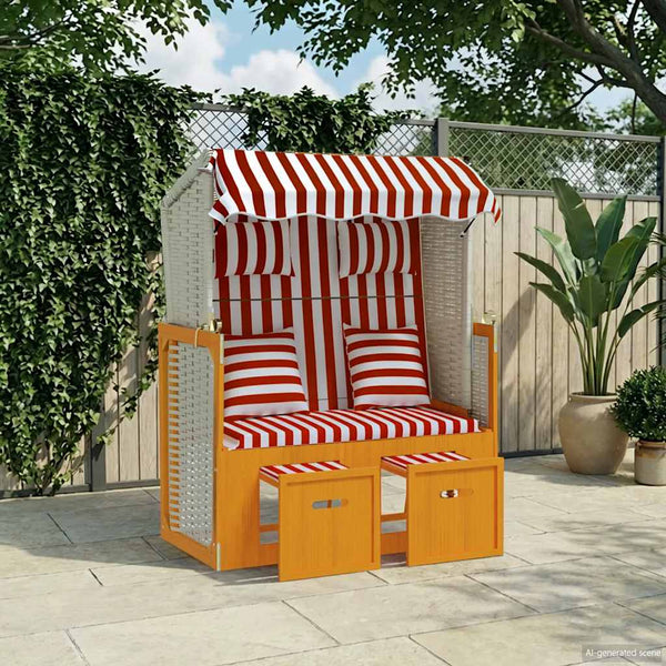 Strandkorb mit Kissen Poly Rattan und Massivholz Rot & Weiß