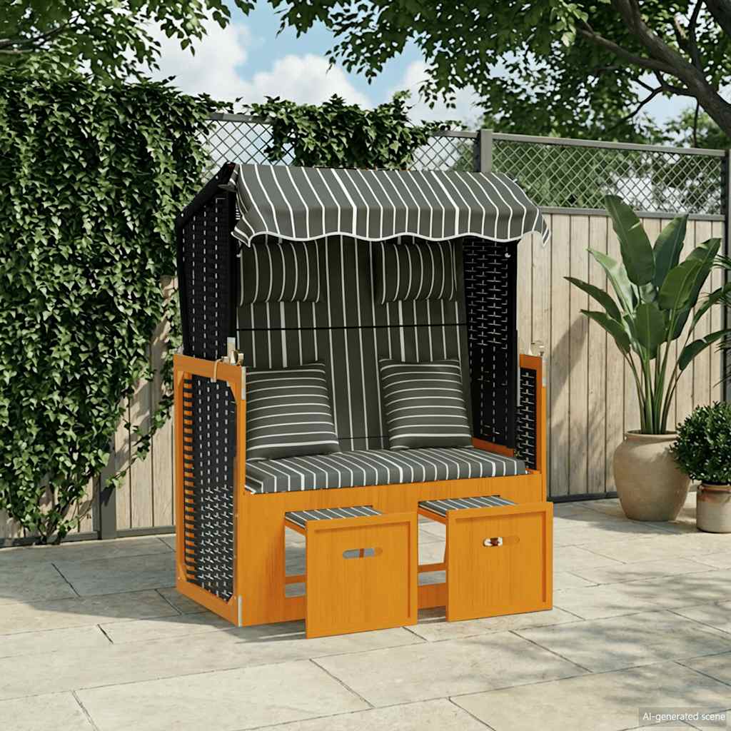 Strandkorb mit Kissen Poly Rattan & Massivholz Schwarz & Grau