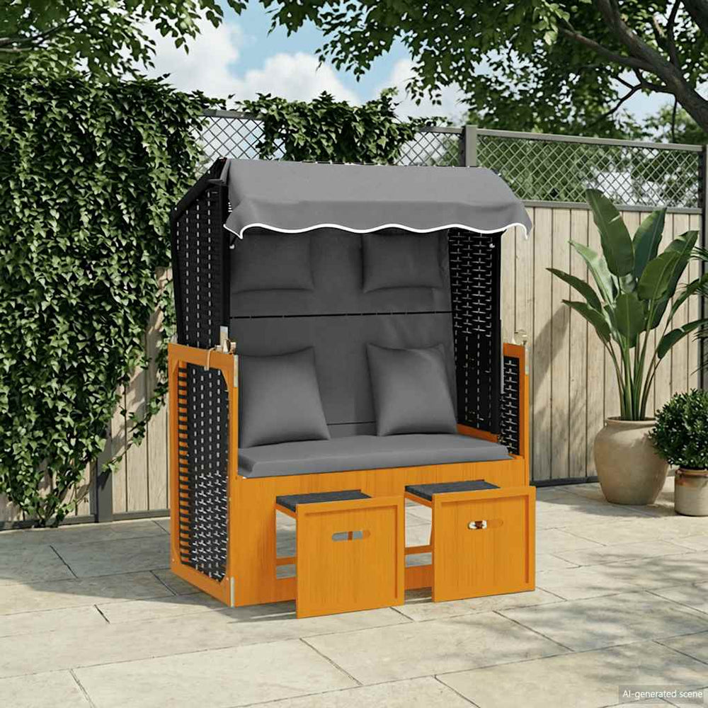 Strandkorb mit Kissen Poly Rattan Massivholz Schwarz Anthrazit