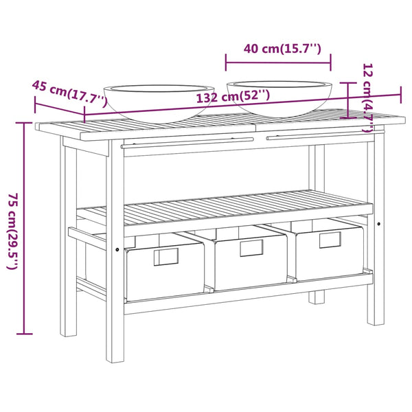 Waschtisch mit Marmorwaschbecken Schwarz Massivholz Teak