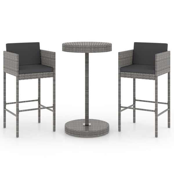 3-tlg. Gartenbar-Set mit Kissen Poly Rattan Grau