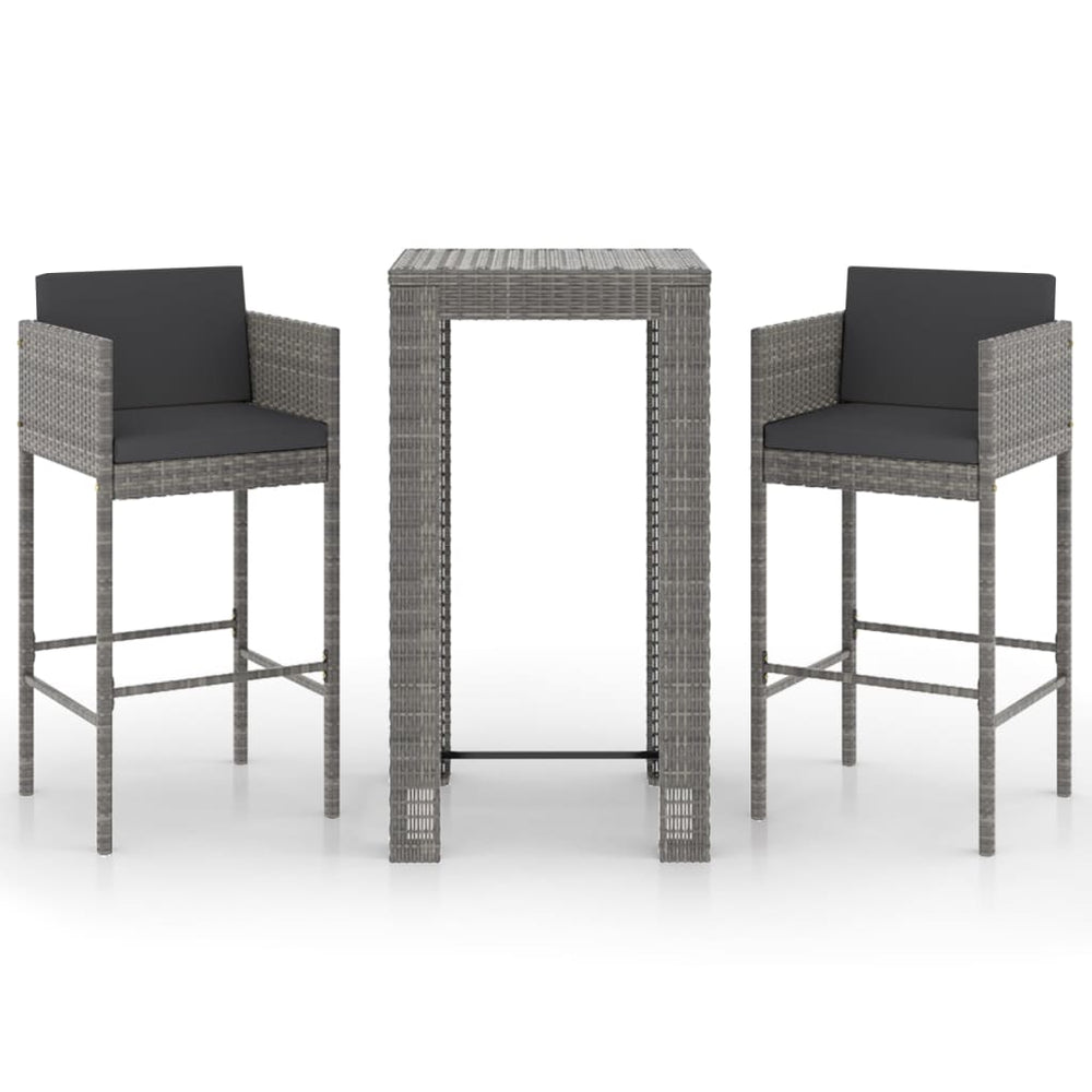 3-tlg. Gartenbar-Set mit Kissen Poly Rattan Grau