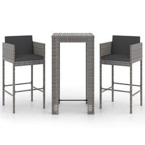 3-tlg. Gartenbar-Set mit Kissen Poly Rattan Grau