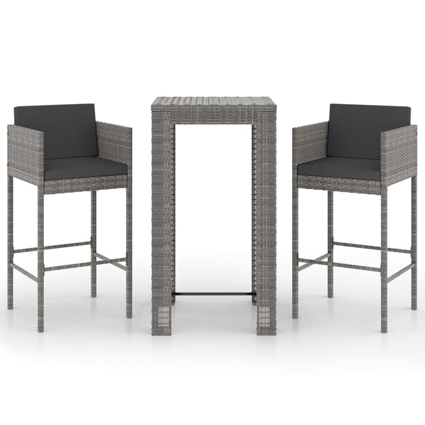 3-tlg. Gartenbar-Set mit Kissen Poly Rattan Grau