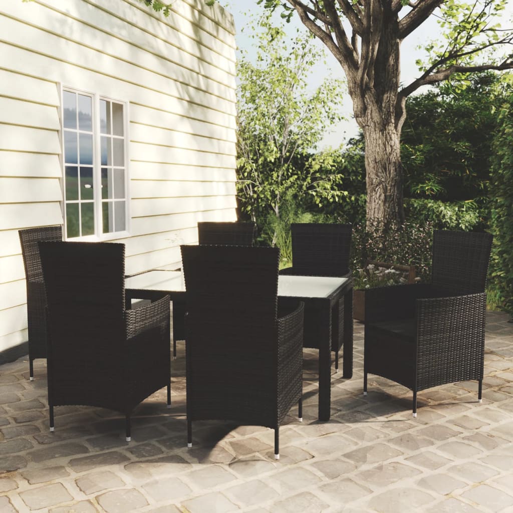 7-tlg. Garten-Essgruppe mit Auflagen Poly Rattan Schwarz
