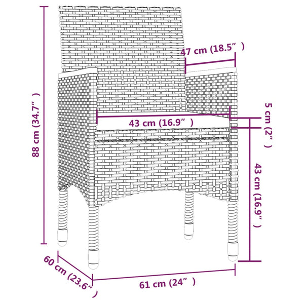 3-tlg. Garten-Essgruppe mit Auflagen Poly Rattan Schwarz