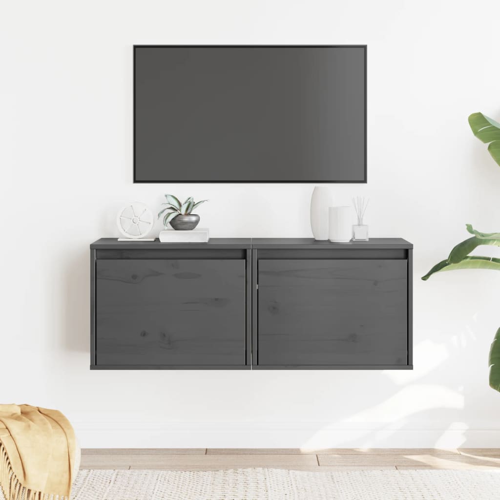 Graue Kiefer Massivholz Wandschränke, 2er-Set