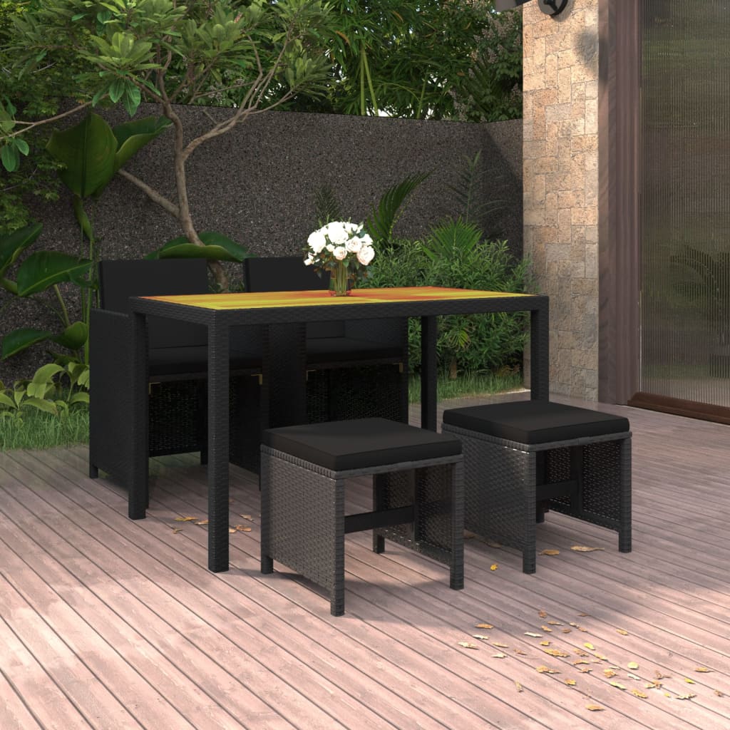 5-tlg. Garten-Essgruppe mit Kissen Poly Rattan Schwarz