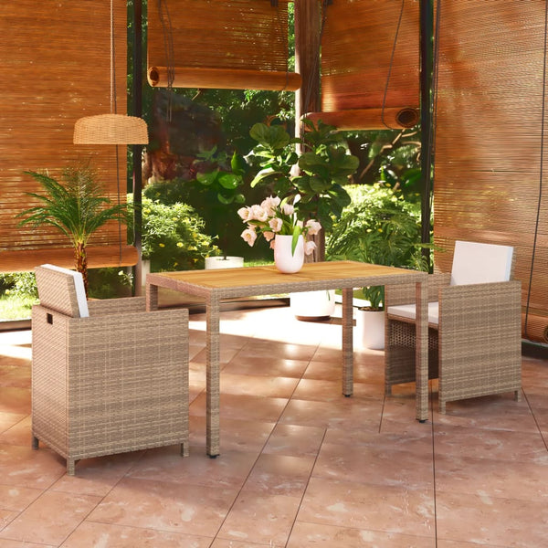 3-tlg. Garten-Essgruppe mit Kissen Poly Rattan Beige