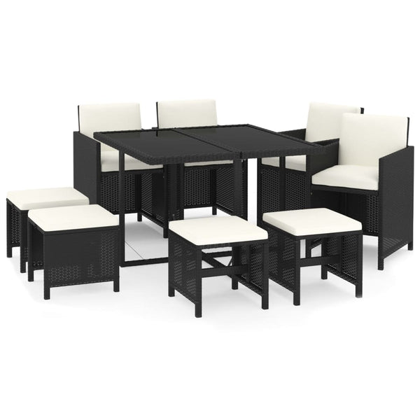 9-tlg. Garten-Essgruppe mit Kissen Poly Rattan Schwarz