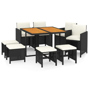 9-tlg. Garten-Essgruppe mit Kissen Poly Rattan Schwarz