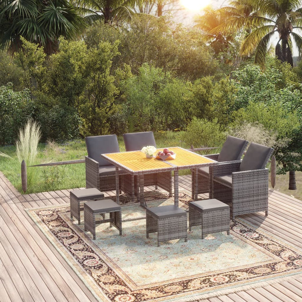 9-tlg. Garten-Essgruppe mit Kissen Poly Rattan Grau