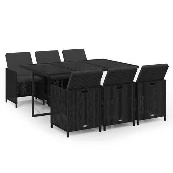 7-tlg. Garten-Essgruppe mit Kissen Poly Rattan Schwarz