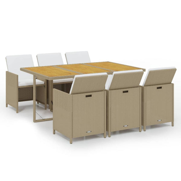 7-tlg. Garten-Essgruppe mit Kissen Poly Rattan Beige