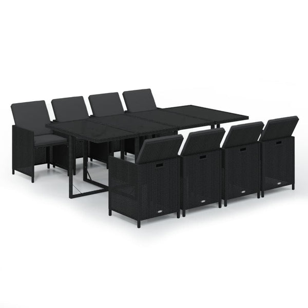 9-tlg. Garten-Essgruppe mit Kissen Poly Rattan Schwarz
