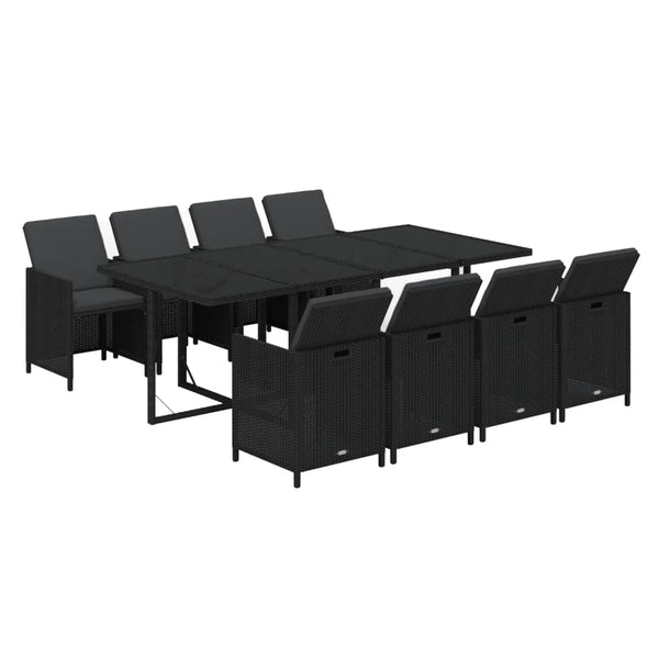 9-tlg. Garten-Essgruppe mit Kissen Poly Rattan Schwarz