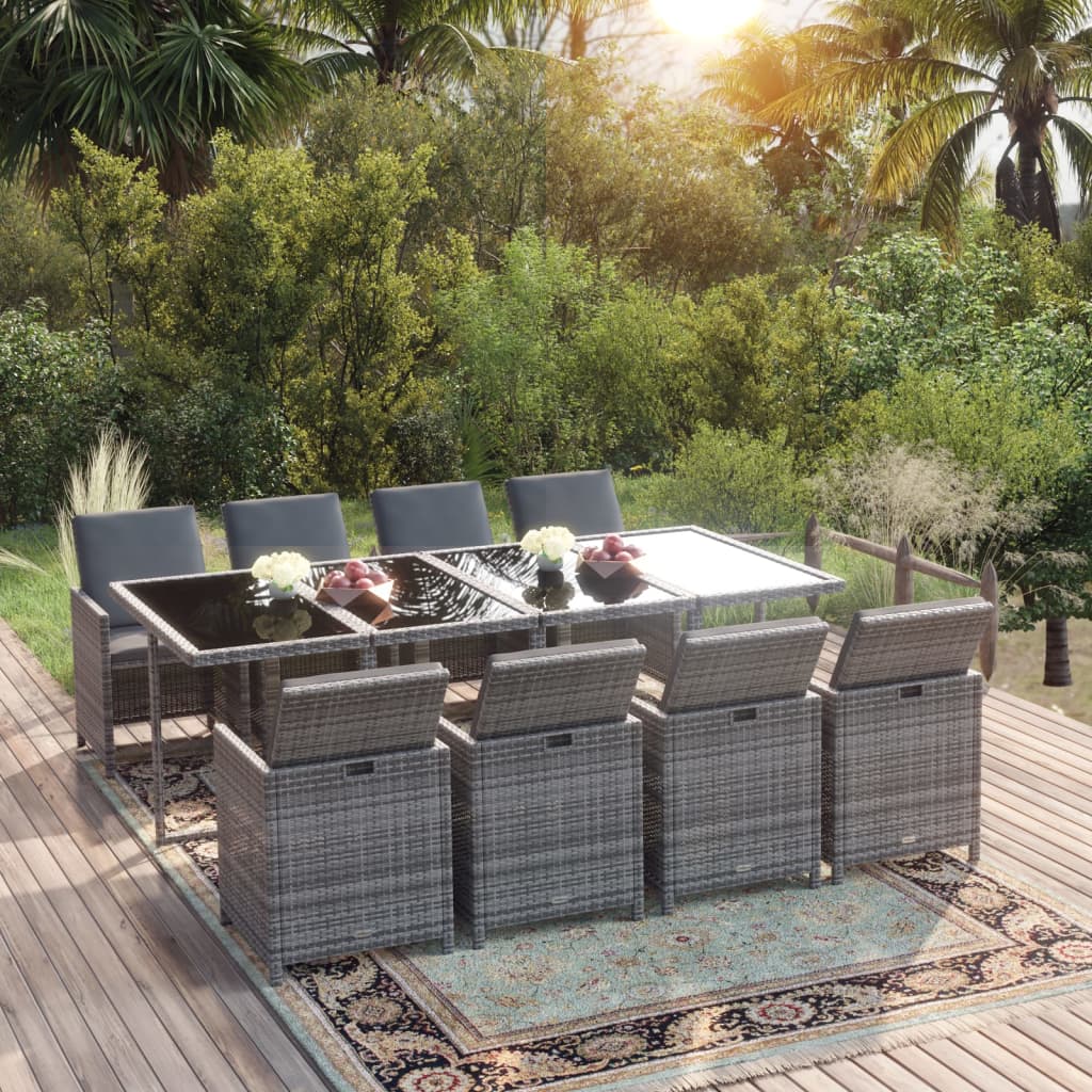9-tlg. Garten-Essgruppe mit Kissen Poly Rattan Grau