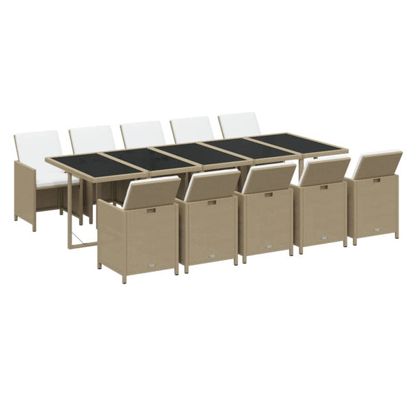 11-tlg. Garten-Essgruppe mit Kissen Poly Rattan Beige