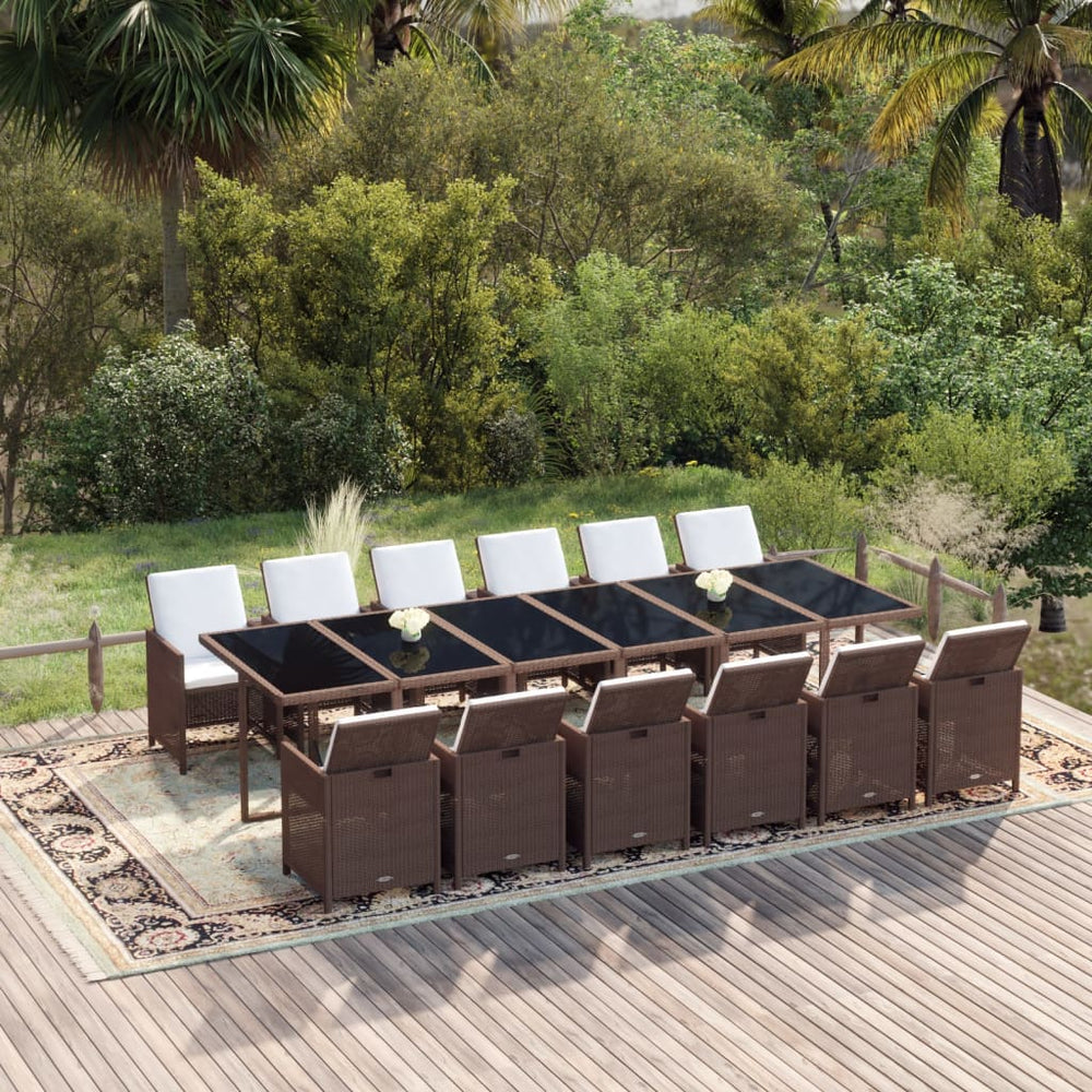 vidaXL Ensemble repas de jardin 13 pcs avec coussins résine tressée marron