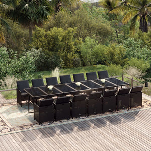 15-tlg. Garten-Essgruppe mit Kissen Poly Rattan Schwarz