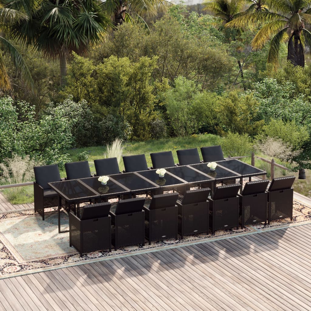 15-tlg. Garten-Essgruppe mit Kissen Poly Rattan Schwarz